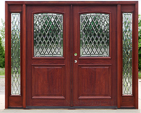 mahogany double doors with arch top glass panel and sidelites N2P with N100 SL Chateau Glass
