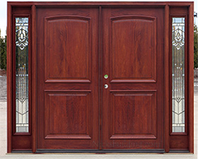 solid mahogany arched 2 panel exterior double doors with sidelights with Chateau glass