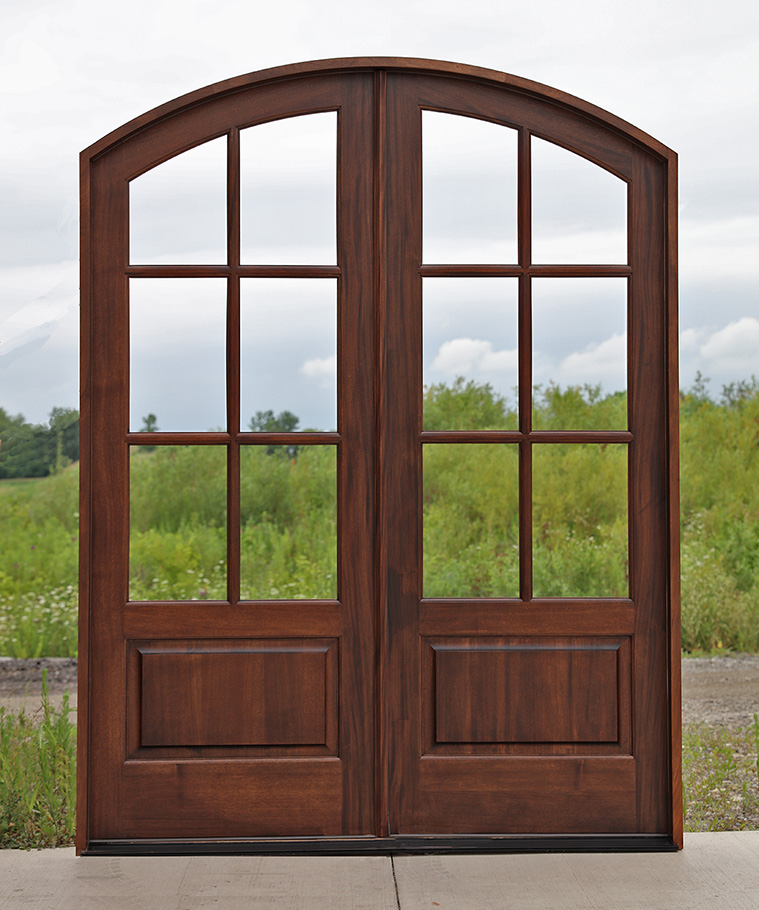 Arched Top Exterior Mahogany Double Doors With Clear Glass Model Whitehawk 72x96 3 Point Locking Unfinished 