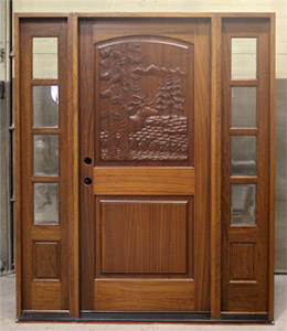 Elk Carved Door with 4-Lite Sidelights