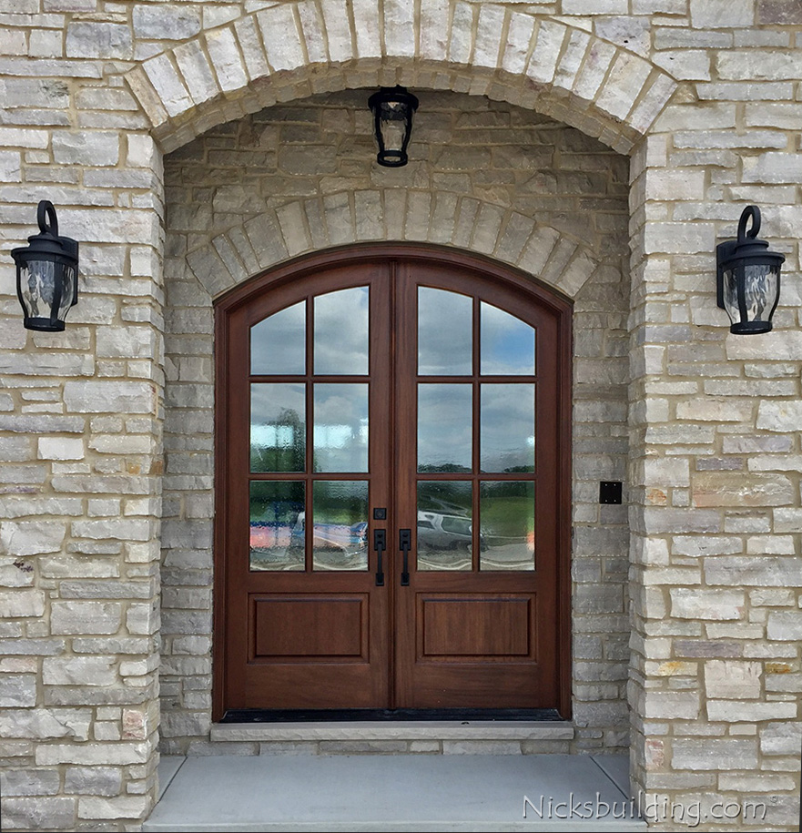 Exterior Mahogany Arched Top Double Doors With Seedy Glass Model Whitehawk 